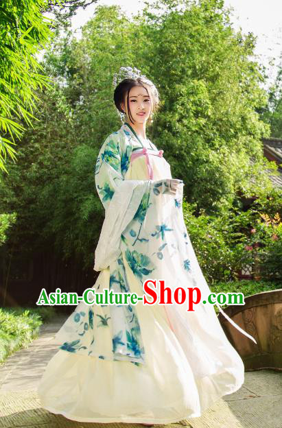 Traditional Chinese Tang Dynasty Imperial Consort Hanfu Costume, China Ancient Green Dress Palace Princess Peri Printing Clothing for Women