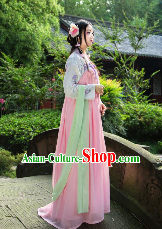 Traditional Chinese Tang Dynasty Imperial Consort Hanfu Costume, China Ancient Pink Slip Dress Palace Princess Peri Printing Clothing for Women