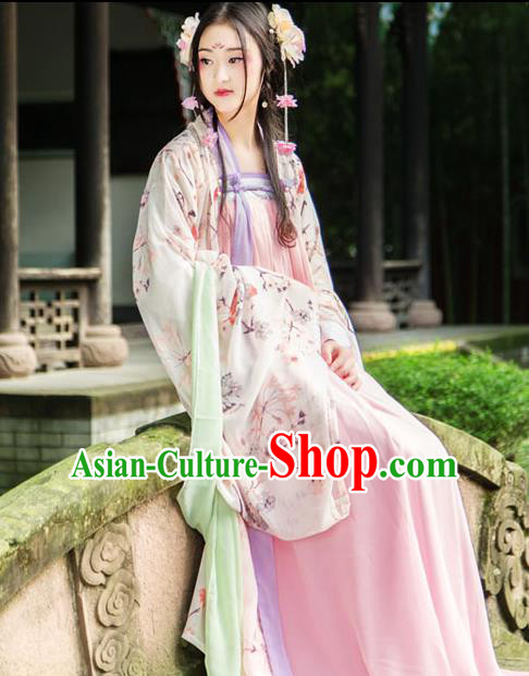 Traditional Chinese Tang Dynasty Imperial Consort Hanfu Costume, China Ancient Pink Dress Palace Princess Peri Printing Clothing for Women