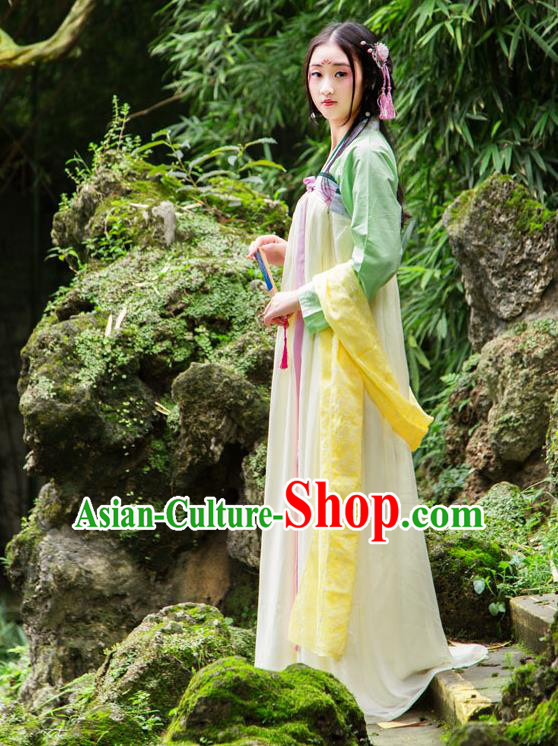 Traditional Chinese Tang Dynasty Imperial Consort Hanfu Costume, China Ancient Green Slip Dress Palace Princess Peri Printing Clothing for Women