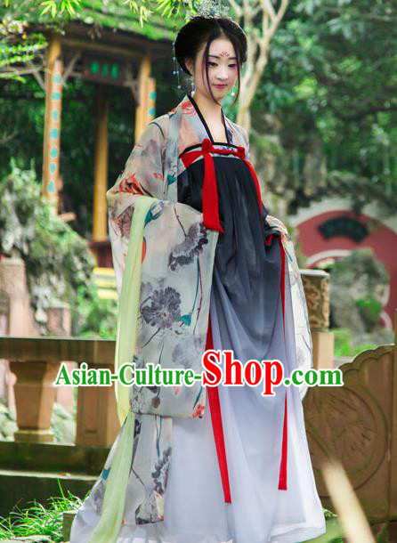 Traditional Chinese Tang Dynasty Imperial Consort Hanfu Printing Lotus Cardigan Costume, China Ancient Green Slip Dress Palace Princess Peri Clothing for Women