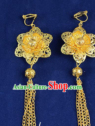 Top Grade Handmade Chinese Classical Jewelry Accessories Xiuhe Suit Wedding Golden Flower Earrings Bride Tassel Eardrop for Women