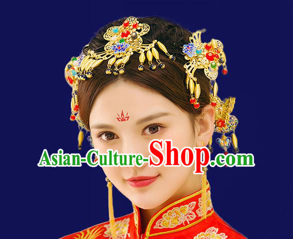 Traditional Handmade Chinese Ancient Wedding Hair Accessories Xiuhe Suit Cloisonn Phoenix Coronet Complete Set, Bride Hanfu Hair Sticks Hair Jewellery for Women