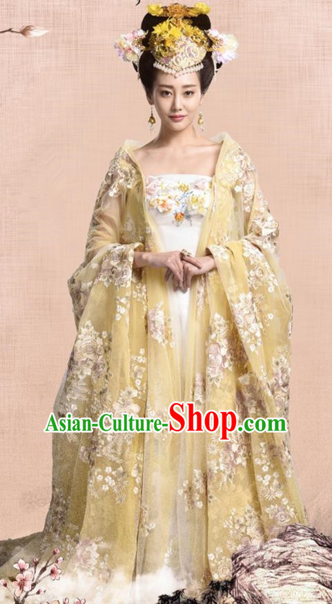 Traditional Chinese Tang Dynasty Imperial Empress Embroidery Costume and Headpiece Complete Set, Once Upon a Time Chinese Ancient Palace Lady Hanfu Dress Clothing for Women