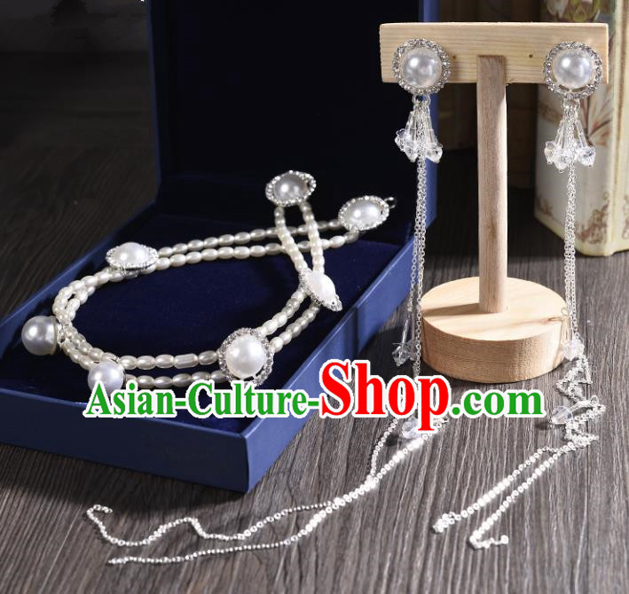 Top Grade Handmade Chinese Classical Jewelry Accessories Princess Wedding Pearls Earrings and Necklace Bride Eardrop for Women