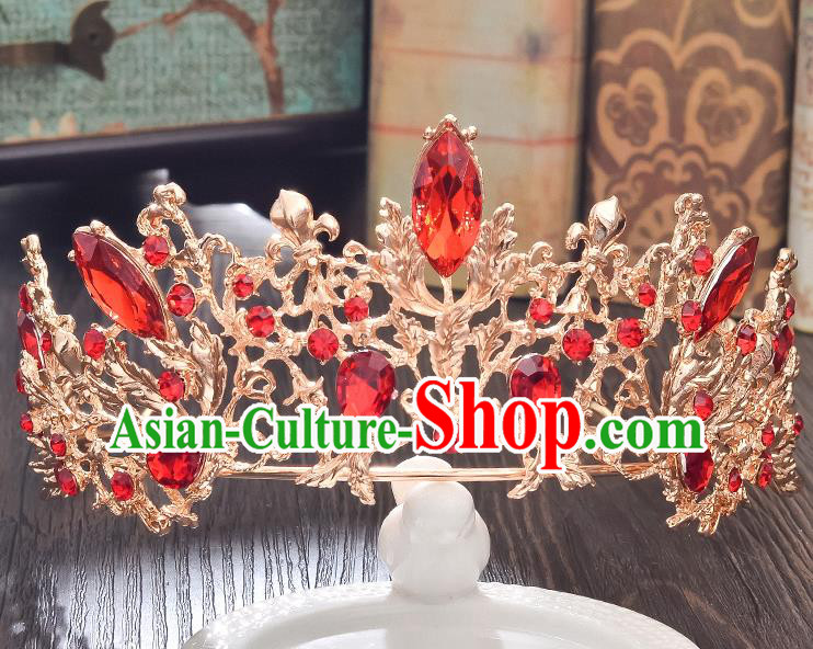 Top Grade Handmade Hair Accessories Baroque Style Wedding Red Crystal Golden Royal Crown, Bride Princess Hair Kether Jewellery Imperial Crown for Women