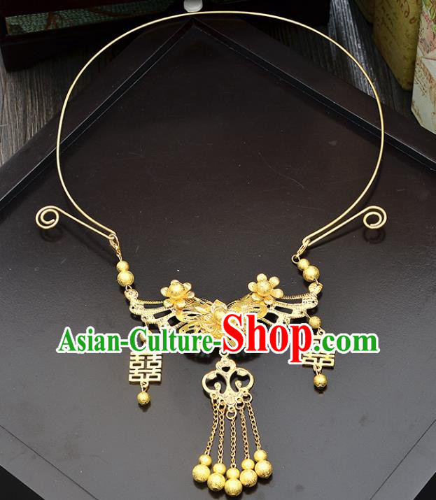 Top Grade Handmade Chinese Classical Jewelry Accessories Xiuhe Suit Wedding Golden Tassel Necklace Bride Hanfu Necklet for Women