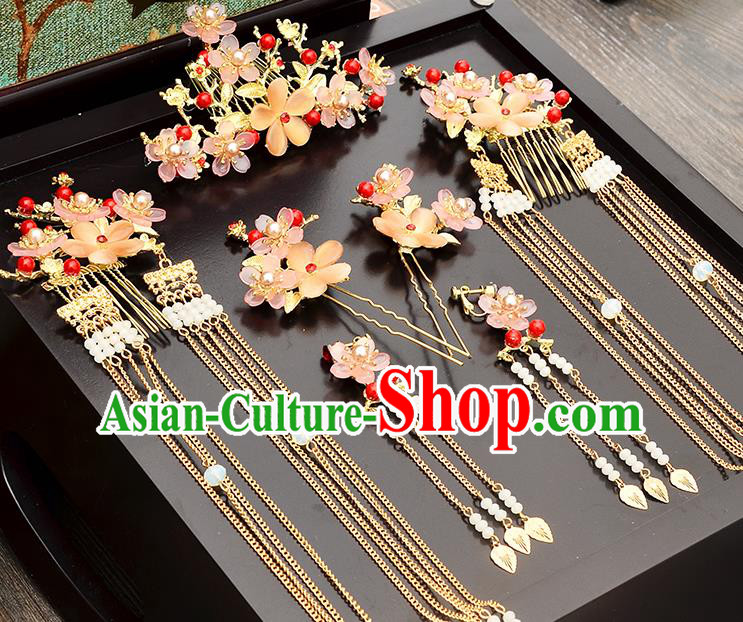 Traditional Handmade Chinese Ancient Wedding Hair Accessories Xiuhe Suit Ancient Costume Crystal Flowers Phoenix Hairpins Complete Set, Bride Step Shake Hanfu Hair Sticks Hair Fascinators for Women