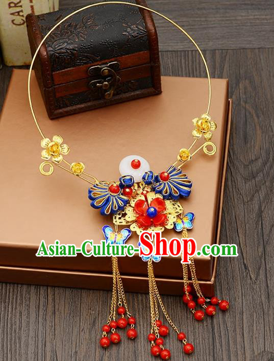 Top Grade Handmade Chinese Classical Jewelry Accessories Xiuhe Suit Wedding Blueing Butterfly Tassel Necklace Bride Hanfu Necklet for Women