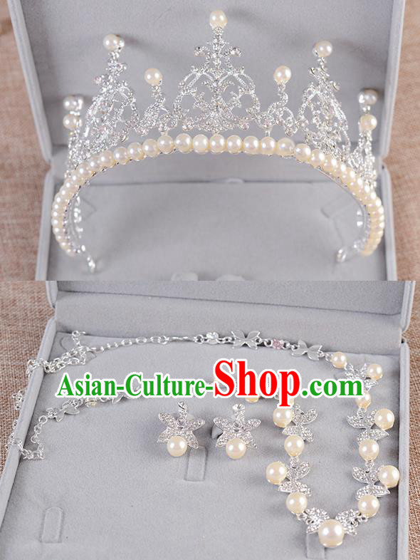 Top Grade Handmade Chinese Classical Jewelry Accessories Queen Wedding Crystal Pearls Royal Crown Earrings and Necklace Bride Ornaments for Women