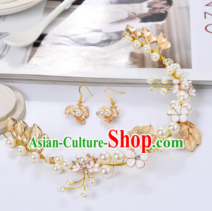 Top Grade Handmade Chinese Classical Jewelry Accessories Queen Wedding Golden Leaf Pearls Necklace and Earrings Bride Eardrop for Women