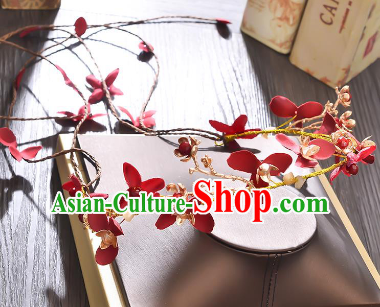 Top Grade Handmade Chinese Classical Hair Accessories Princess Wedding Red Flowers Hair Clasp Headband Bride Headwear for Women