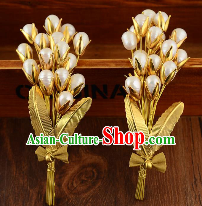 Top Grade Handmade Chinese Classical Hair Accessories Princess Wedding Pearls Golden Hair Claw Hair Stick Bride Headwear for Women