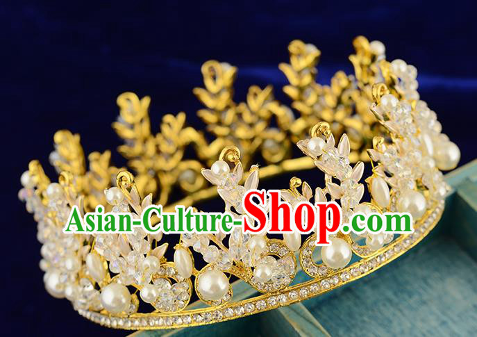 Top Grade Handmade Hair Accessories Baroque Style Wedding Pearls Crystal Golden Royal Crown, Bride Princess Hair Kether Jewellery Round Imperial Crown for Women