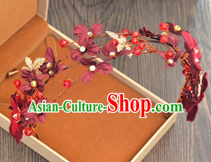 Top Grade Handmade Chinese Classical Hair Accessories Princess Wedding Wine Red Flowers Hair Clasp Hair Stick Bride Headwear for Women
