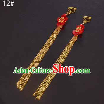 Top Grade Handmade Chinese Classical Jewelry Accessories Xiuhe Suit Wedding Ancient Costume Red Flower Golden Tassel Earrings Bride Hanfu Eardrop for Women