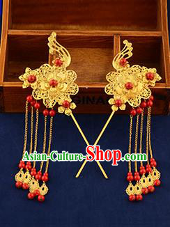 Traditional Handmade Chinese Ancient Wedding Hair Accessories Xiuhe Suit Ancient Costume Golden Phoenix Hairpins, Bride Step Shake Hanfu Hair Sticks Hair Fascinators for Women