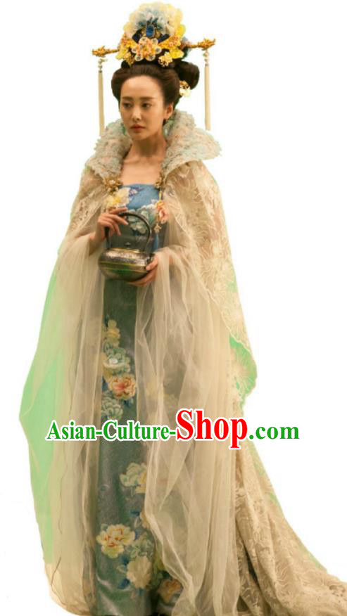 Traditional Chinese Tang Dynasty Imperial Concubine Embroidery Costume and Headpiece Complete Set, Once Upon a Time Chinese Ancient Imperial Empress Hanfu Dress for Women