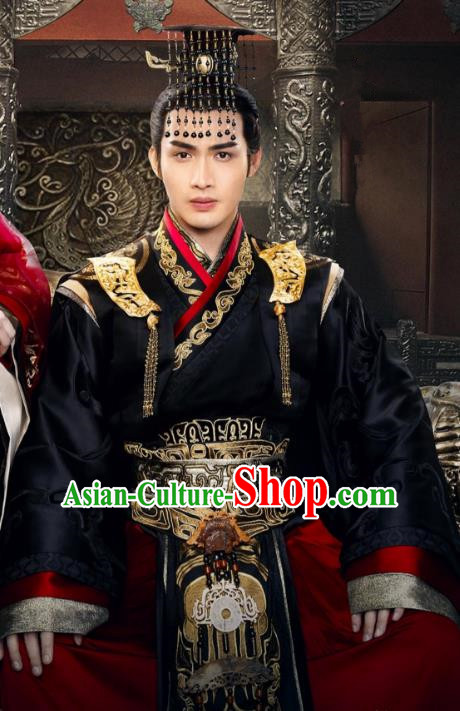 Traditional Chinese Qin Dynasty King Embroidery Dragon Costume and Headpiece Complete Set, The King Woman Chinese Ancient Imperial Emperor Hanfu Robe