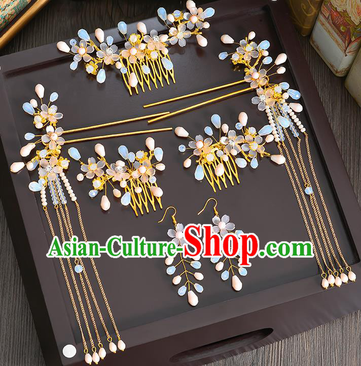 Traditional Handmade Chinese Ancient Wedding Hair Accessories Xiuhe Suit Ancient Costume Opal Phoenix Hairpins Complete Set, Bride Step Shake Hanfu Hair Sticks Hair Fascinators for Women