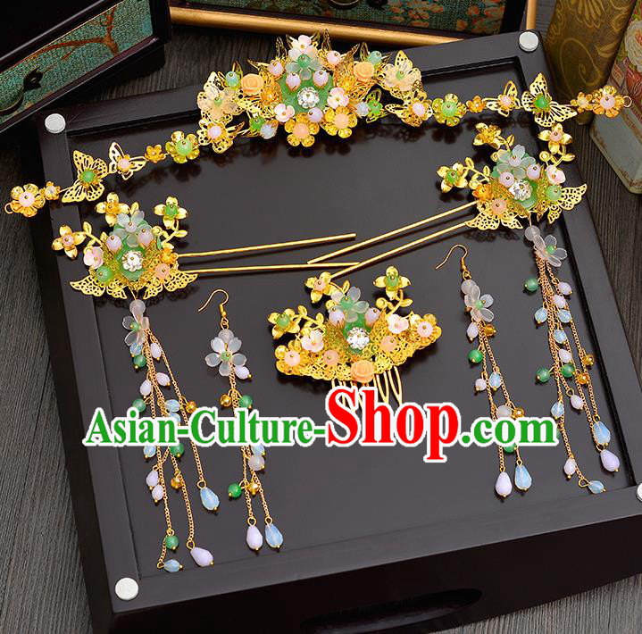 Traditional Handmade Chinese Ancient Wedding Hair Accessories Xiuhe Suit Phoenix Coronet Complete Set, Bride Palace Lady Step Shake Hanfu Hair Fascinators for Women