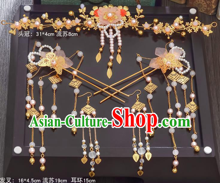 Traditional Handmade Chinese Ancient Wedding Hair Accessories Xiuhe Suit Butterfly Pearls Coronet Complete Set, Bride Palace Lady Step Shake Hanfu Hairpins for Women