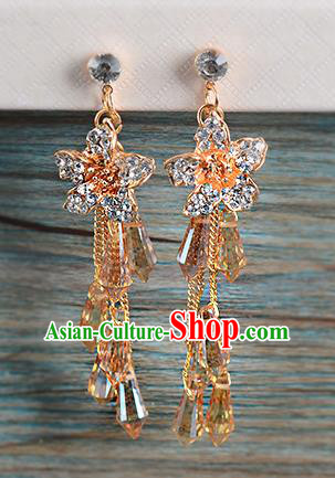 Top Grade Handmade Chinese Classical Jewelry Accessories Wedding Orange Crystal Tassel Earrings Bride Hanfu Eardrop for Women
