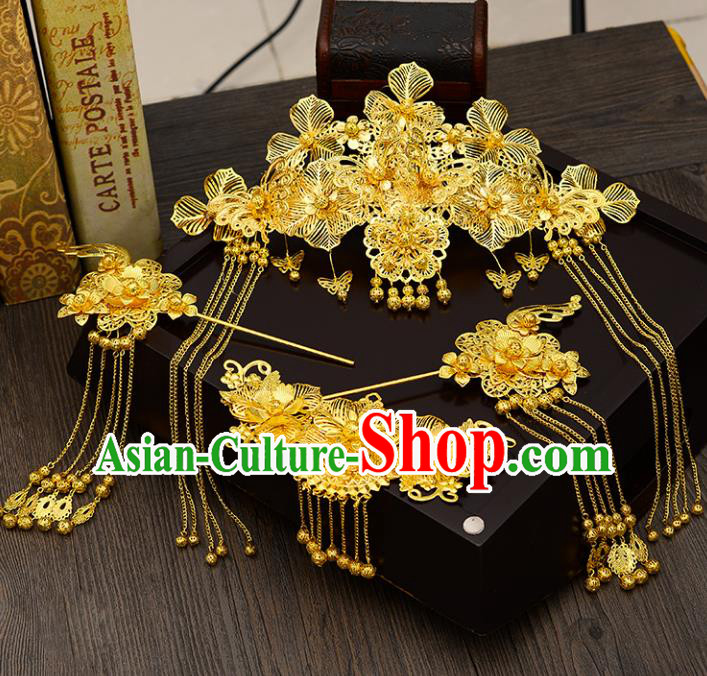 Traditional Handmade Chinese Ancient Wedding Hair Accessories Xiuhe Suit Golden Forehead Ornament Complete Set, Bride Palace Lady Step Shake Hanfu Hairpins for Women