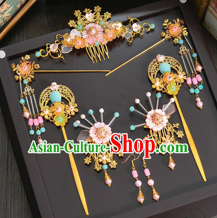Traditional Handmade Chinese Ancient Costume Wedding Xiuhe Suit Hair Accessories Pink Shell Flowers Tassel Hairpins, Bride Palace Lady Step Shake Hanfu Hairpins for Women