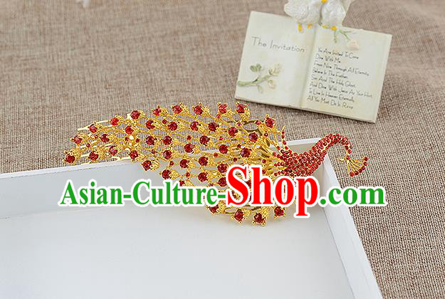Top Grade Handmade Hair Accessories Baroque Luxury Red Crystal Peacock Hair Stick, Bride Wedding Hair Kether Jewellery Princess Imperial Crown for Women