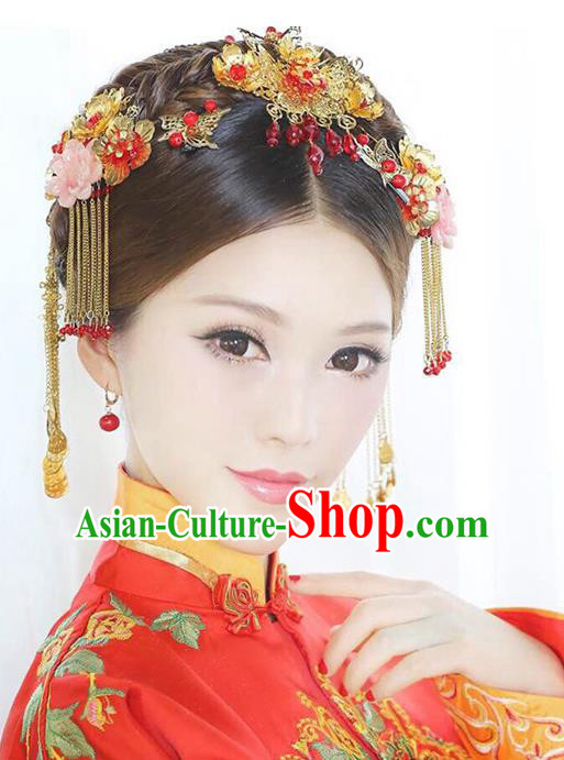 Traditional Handmade Chinese Ancient Costume Wedding Xiuhe Suit Hair Accessories Complete Set Hair Comb, Bride Palace Lady Tassel Step Shake Hanfu Hairpins for Women