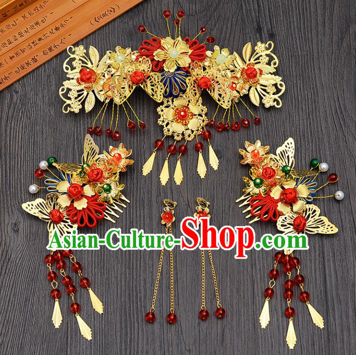Traditional Handmade Chinese Ancient Costume Wedding Xiuhe Suit Bride Phoenix Coronet Hair Accessories Complete Set, Palace Lady Tassel Step Shake Hanfu Hairpins for Women