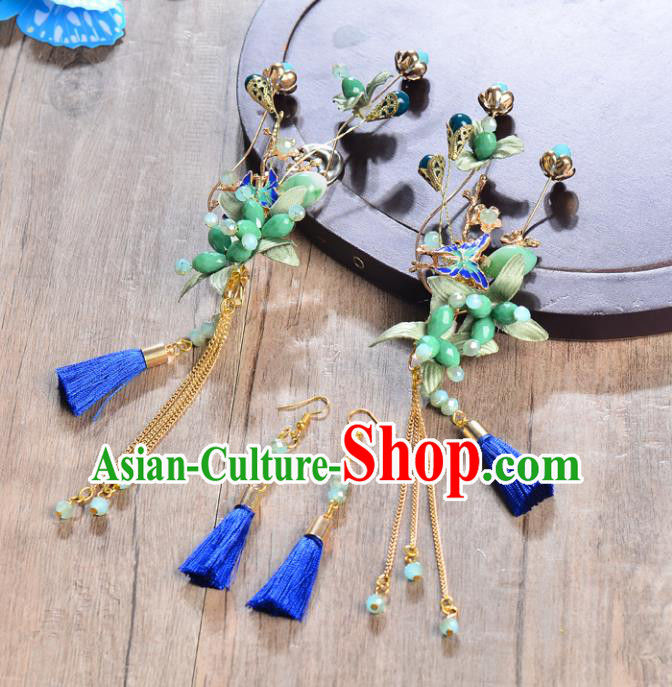Traditional Handmade Chinese Ancient Costume Wedding Xiuhe Suit Bride Phoenix Coronet Hair Accessories Complete Set, Palace Lady Green Beads Tassel Step Shake Hanfu Hairpins for Women