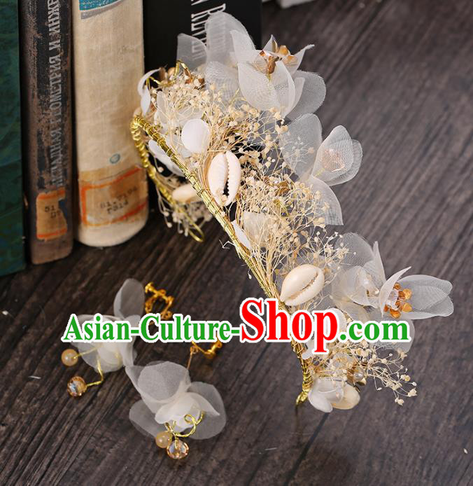 Top Grade Handmade Hair Accessories Baroque Style Palace Princess Wedding White Silk Flowers Vintage Royal Crown and Earrings, Bride Hair Kether Jewellery Imperial Crown for Women