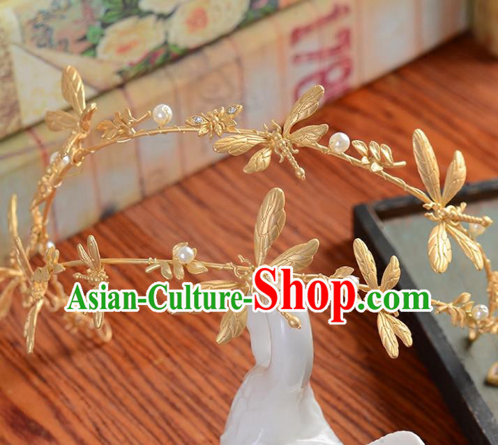 Top Grade Handmade Chinese Classical Hair Accessories Princess Wedding Baroque Golden Dragonfly Hair Clasp Bride Headband Headwear for Women