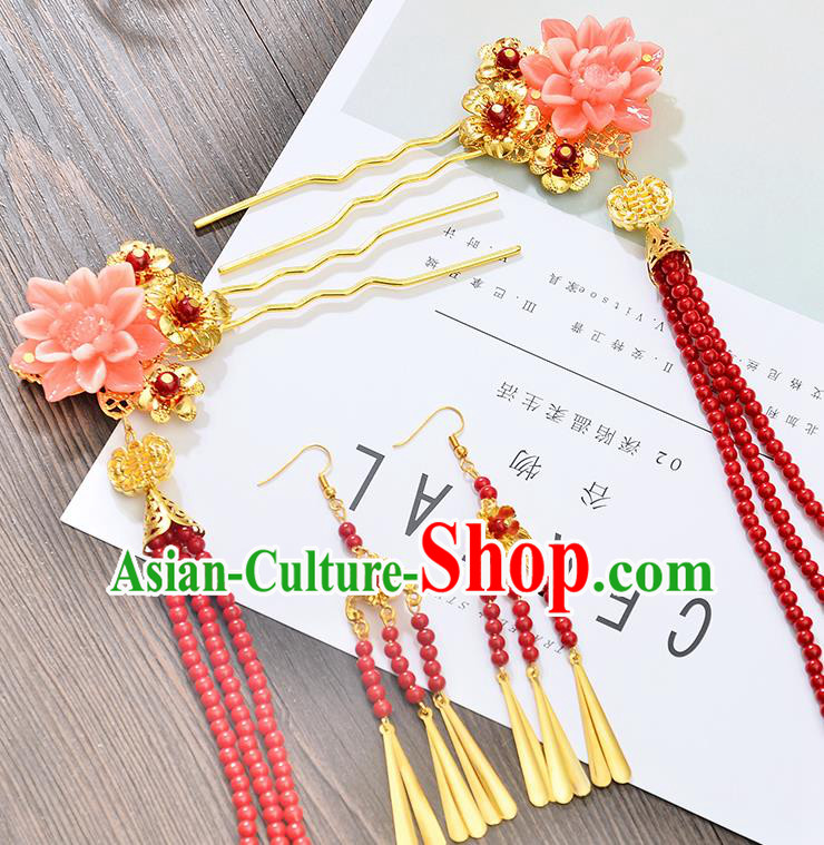 Traditional Handmade Chinese Ancient Costume Wedding Xiuhe Suit Hair Accessories Red Beads Tassel Hairpins, Bride Palace Lady Step Shake Hanfu Hairpins for Women