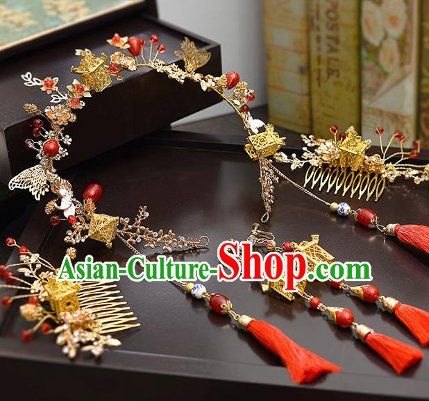 Traditional Handmade Chinese Ancient Wedding Butterfly Hair Accessories Complete Set Xiuhe Suit Tassel Hair Clasp, Bride Palace Lady Step Shake Hanfu Hairpins for Women
