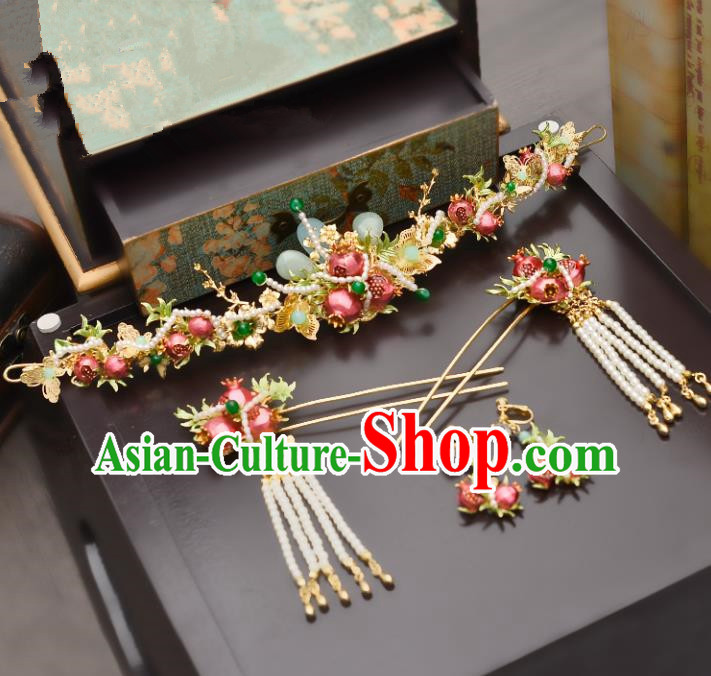 Traditional Handmade Chinese Ancient Costume Wedding Xiuhe Suit Bride Pomegranate Phoenix Coronet Hair Accessories Complete Set, Palace Lady Tassel Step Shake Hanfu Hairpins for Women