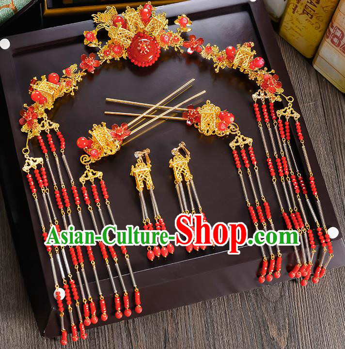 Traditional Handmade Chinese Ancient Costume Wedding Xiuhe Suit Bride Red Beads Tassel Phoenix Coronet Hair Accessories Complete Set, Step Shake Hanfu Hairpins for Women