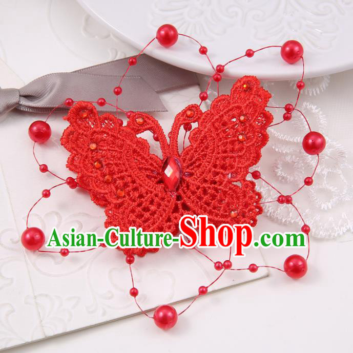 Top Grade Handmade Chinese Classical Hair Accessories Princess Wedding Baroque Red Lace Butterfly Hair Claw Bride Headband for Women