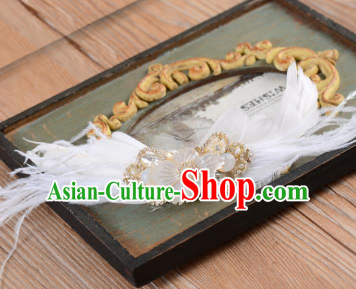 Top Grade Handmade Chinese Classical Hair Accessories Princess Wedding Baroque White Feather Hair Claw Bride Headband for Women