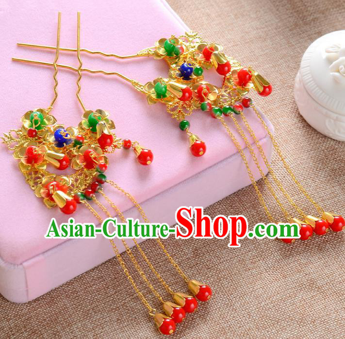 Traditional Handmade Chinese Wedding Xiuhe Suit Bride Hair Accessories Tassel Hairpins, Step Shake Hanfu Hairpins for Women