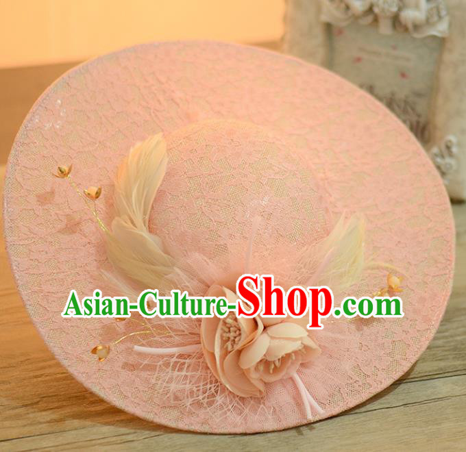 Top Grade Handmade Chinese Classical Hair Accessories Princess Wedding Baroque Hat Headwear Pink Flowers Feather Top Hat for Women