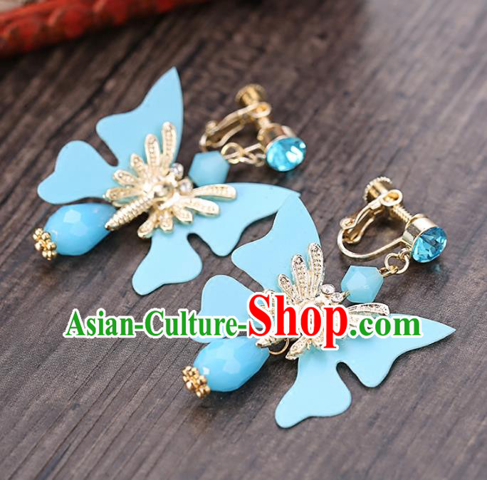 Top Grade Handmade Chinese Classical Jewelry Accessories Wedding Blue Butterfly Tassel Ear Stud Bride Hanfu Earrings for Women