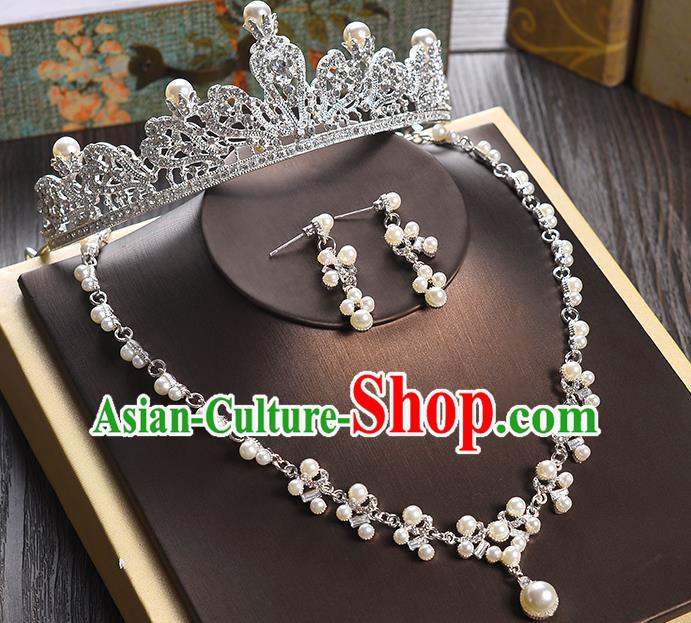 Top Grade Handmade Hair Accessories Baroque Crystal Pearls Vintage Imperial Crown and Earrings, Bride Wedding Hair Jewellery Queen Crown for Women