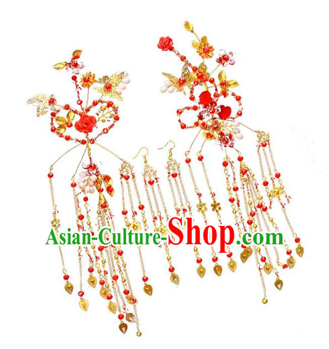 Traditional Handmade Chinese Wedding Xiuhe Suit Bride Hair Accessories Red Hairpins, Tassel Step Shake Hanfu Hairpins for Women