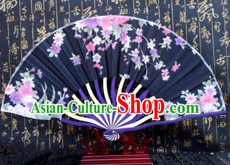 Traditional Chinese Crafts Peking Opera Folding Fan China Sensu Printing Flowers Japan Black Silk Fan for Women