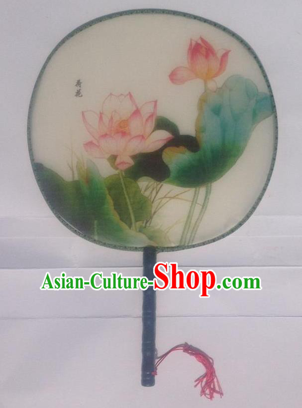 Traditional Chinese Crafts Ancient Palace Lady Dance Round Silk Fan, China Hand Painting Lotus Imperial Concubine Hanfu Circular Fan for Women