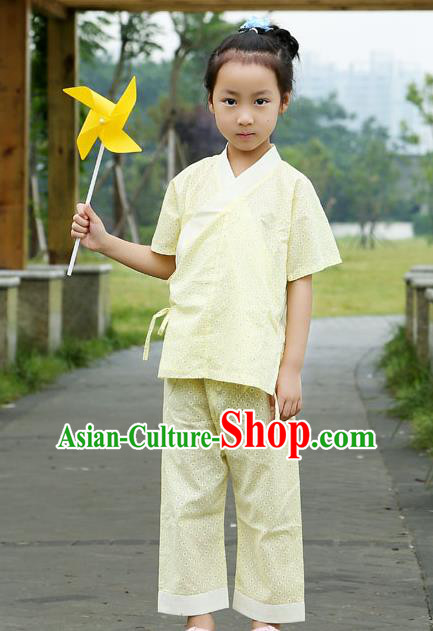 Traditional Chinese Han Dynasty Children Hanfu Kungfu Costume, China Ancient Martial Arts Yellow Clothing for Kids