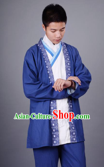 Traditional Chinese Han Dynasty Nobility Childe Hanfu Costume Slant Opening White Shirt and Cardigan, China Ancient Martial Arts Upper Garment Clothing for Men